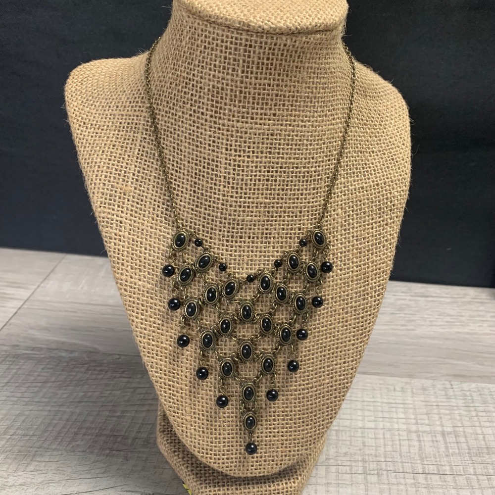 1928 Jewelry Antique Gold Tone Black Cabochon Tiered Bib Statement Necklace